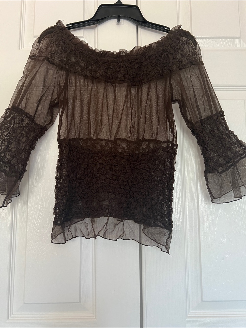 CRISTINAEFFE ITALY Sheer Smocked Detailing Off-Shoulder Blouse Brown 3/4 Sleeves